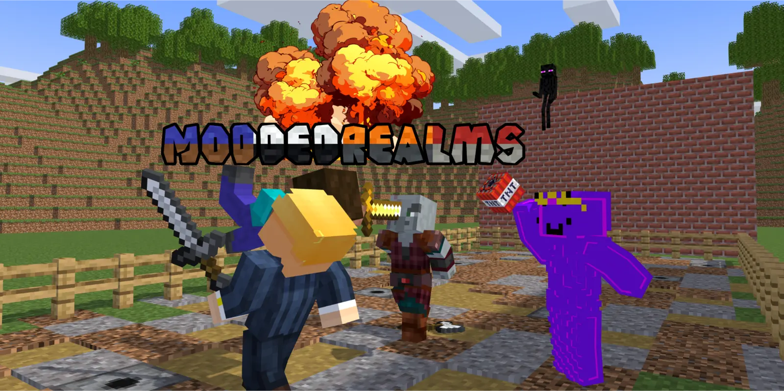 Moddedrealms players fighting with swords and TNT in front of a huge explosion