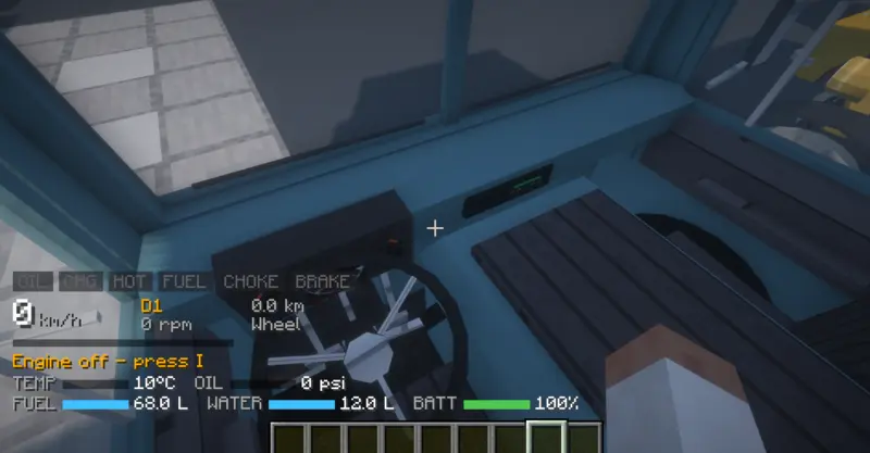 Driver's view inside a van with a HUD showing fuel, water, oil, temperature and battery levels