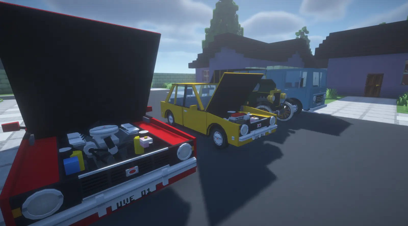 A red car and a yellow car with their hoods open showing detailed engines, parked beside a blue van and a vintage car